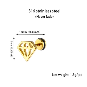 Detail showing 12x10mm gold geometric rhombus earrings in 316 stainless steel material