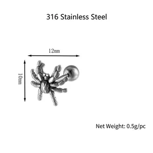316 Stainless steel spider stud earring 12mm x 10mm with vintage biological texture