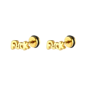 Macro shot of gold-plated Fuck letter stud earrings with black rubberized metal backings