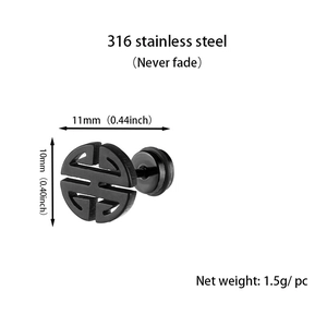 Macro detail of black stainless steel geometric round stud earring with size dimensions