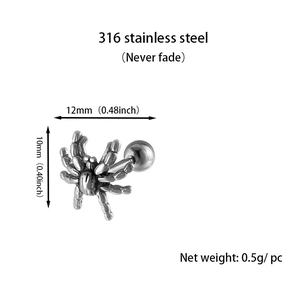 Detail view of 316 stainless steel spider earring with size dimensions and 12mm scale