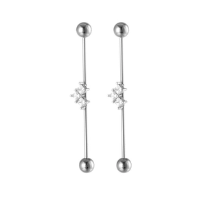 Polished stainless steel industrial barbell earring featuring three clear zircon crystals