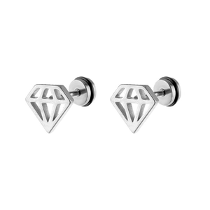 Detailed close-up of hollow diamond geometric earrings in matte silver finish with secure back