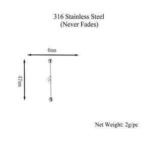 316L stainless steel industrial piercing bar with 47mm length and cubic zirconia inlay