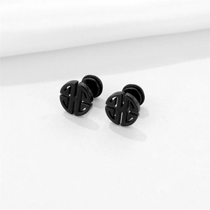 Minimalist matte black stainless steel geometric round stud earrings with H-shaped cutout