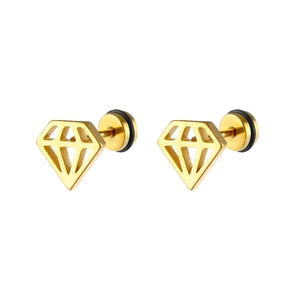 Macro shot of geometric hollow diamond shaped gold earrings with secure backing