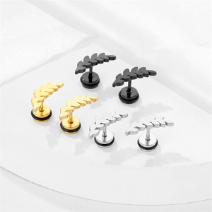 Three pairs of leaf-shaped stainless steel stud earrings in black, gold, and silver finishes