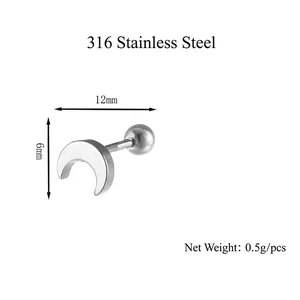 Sliver crescent moon earring in 316 stainless steel with secure screw ball back closure