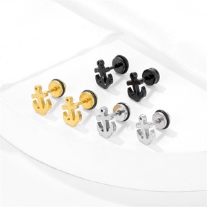 Polished anchor-shaped stainless steel stud earrings in gold, black, and silver finishes