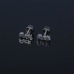 Minimalist silver titanium steel letter stud earrings with artistic Fuck design on dark background