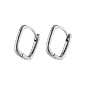 Minimalist silver rectangular stainless steel hoop earrings with polished finish
