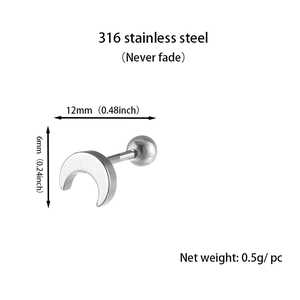 Macro detail of 316L stainless steel crescent moon stud earring with ball screw back