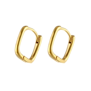 Close-up of geometric rectangular stainless steel hoop earrings in polished gold finish