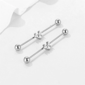 Silver stainless steel industrial barbell earrings with heart-shaped zircon inlay