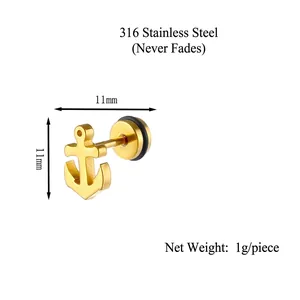 Polished golden stainless steel anchor stud earrings for men and women 11mm size