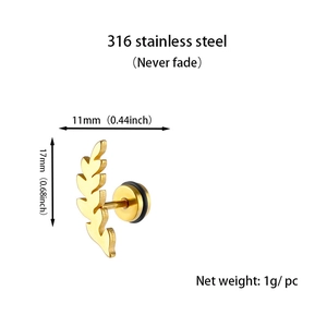 Detail of 316 stainless steel gold leaf earring featuring 11x17mm size and 1g weight