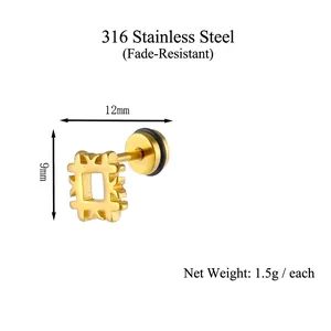 Minimalist gold square hollow stud earrings in stainless steel for men and women