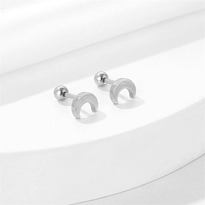 Minimalist silver moon stainless steel stud earrings with brushed metal finish