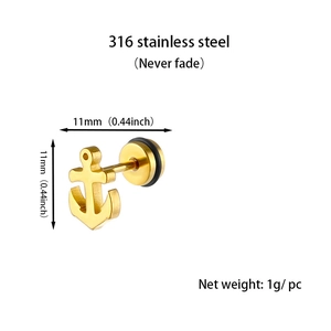Detail of 316 stainless steel anchor earring in gold finish with 11mm dimensions