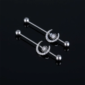 Boucle d'Oreille Barbell Industrielle en Acier Inoxydable Homme Femme Soleil Lune Étoile Zirconia Incrusté Bijoux de Piercing