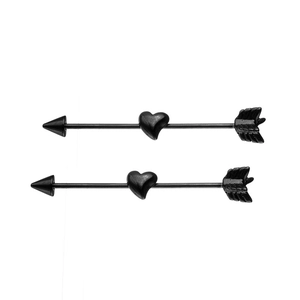 Boucles d'oreilles piercing industriel noir style punk avec flèche et cœur