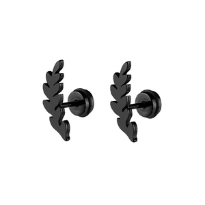Retro black wheat ear leaf earrings in stainless steel with secure screw back closure