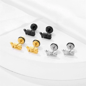 Retro stainless steel letter YES stud earrings set in black gold and silver finishes