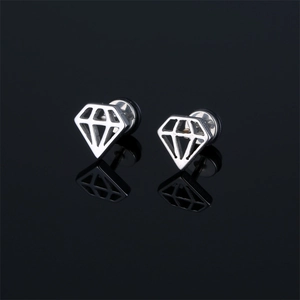 Minimalist silver geometric diamond hollow earrings on a reflective black surface
