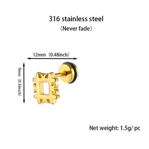 Detail view of 316L stainless steel geometric gold stud earrings size 12mm x 9mm