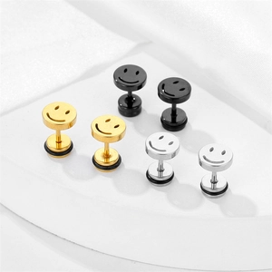 Stainless steel smiley face stud earrings in gold, silver, and black finishes