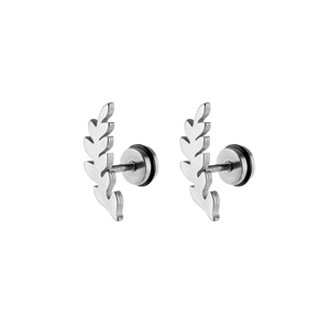Macro view of leaf-shaped silver stainless steel earrings with butterfly back design