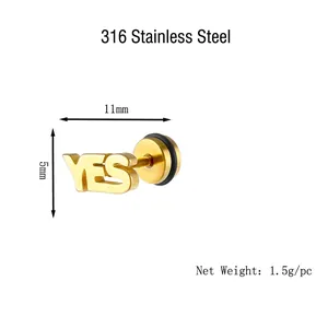 Retro YES alphabet stud earrings in 316L gold stainless steel with screw back detail