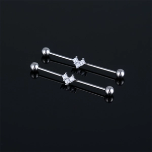 316 Stainless Steel Industrial Barbell Heart Zirconia Inlaid Earring Long Straight Bar Piercing Jewelry For Unisex