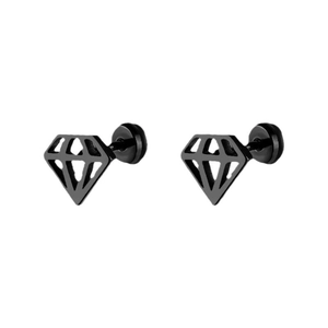 Minimalist black geometric diamond-shaped stud earrings in matte stainless steel finish