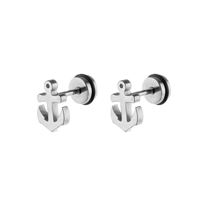 Detailed view of silver stainless steel anchor stud earrings with screw-back closures