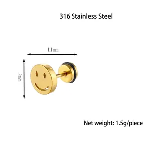 Matte gold 316 stainless steel smiley face stud earrings with 8mm diameter