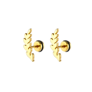 Detailed macro view of golden leaf-shaped stainless steel stud earrings with vein textures