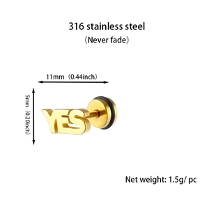 Macro detail of YES letter stud earring in 316 stainless steel with precise dimensions