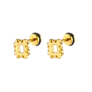 Detailed view of golden geometric square earrings with textured edges and secure screw backs