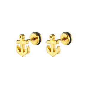 Detailed view of gold anchor stud earrings with secure backings and matte finish