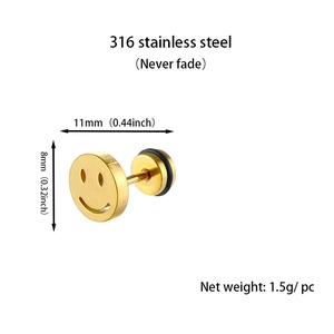 Macro view of gold stainless steel smiley face stud earring with detailed measurements