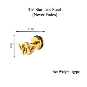 Golden letter W earring in 316 stainless steel with 11x6mm size and 1g lightweight design