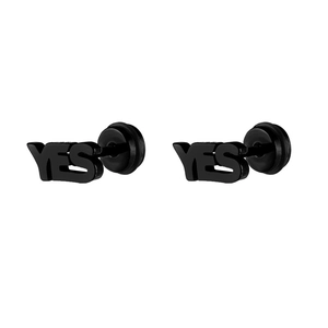 Detail of matte black stainless steel stud earrings featuring bold YES letter design