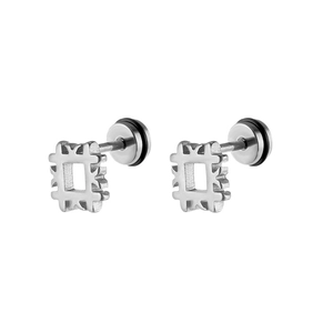 Detailed view of silver square geometric stud earrings with polished stainless steel finish
