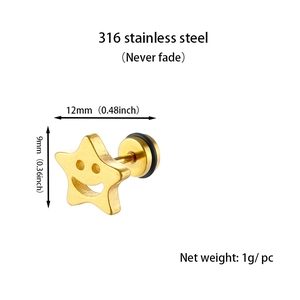 Détails de taille et matériau pour clou d'oreille étoile souriante dorée en acier 316