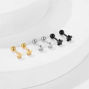 Minimalist star-shaped stainless steel stud earring set in gold, silver, and black finishes