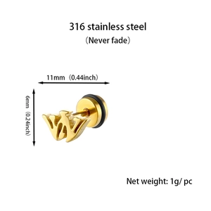 Detailed size view of a 316 stainless steel letter W earring with dimensions 11mm by 6mm
