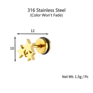 Goldene Ohrstecker aus 316 Edelstahl mit drei Sternen, Größe 12mm x 10mm für Damen