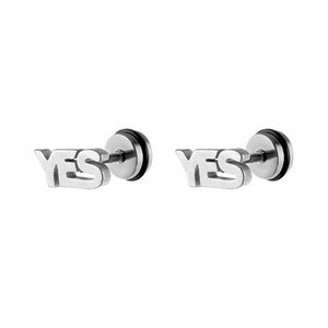 Detailed view of stainless steel YES letter stud earrings with secure backings