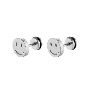 Detailed close-up of a silver stainless steel stud earring featuring a carved smiley face